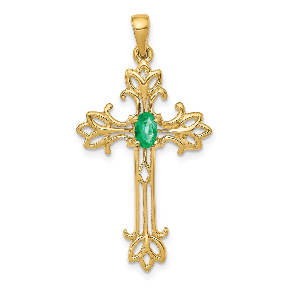 14K Gelbgold 5x3mm ovaler Smaragd-Kreuzanhänger
