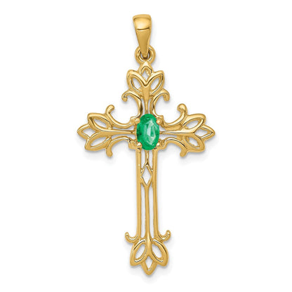14K Gelbgold 5x3mm ovaler Smaragd-Kreuzanhänger