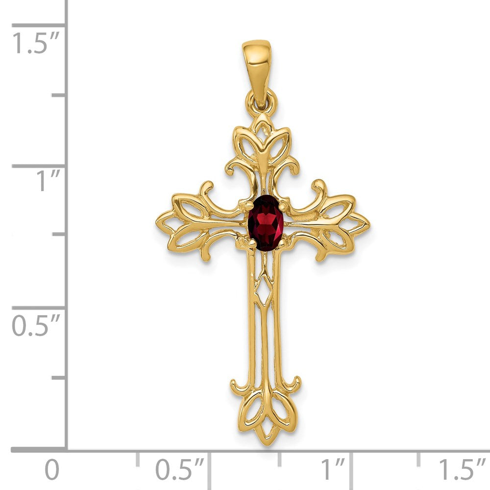 14K Kreuz-Anhänger mit ovalem Granat, 5x3 mm