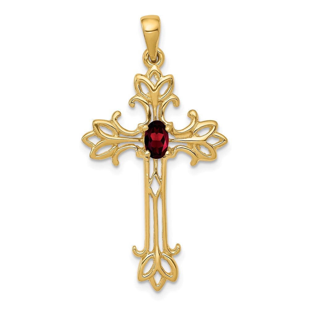 14K Kreuz-Anhänger mit ovalem Granat, 5x3 mm