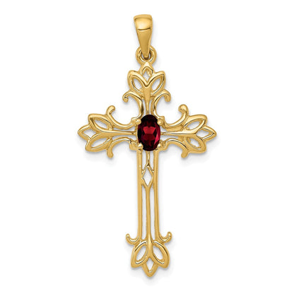 14K Kreuz-Anhänger mit ovalem Granat, 5x3 mm