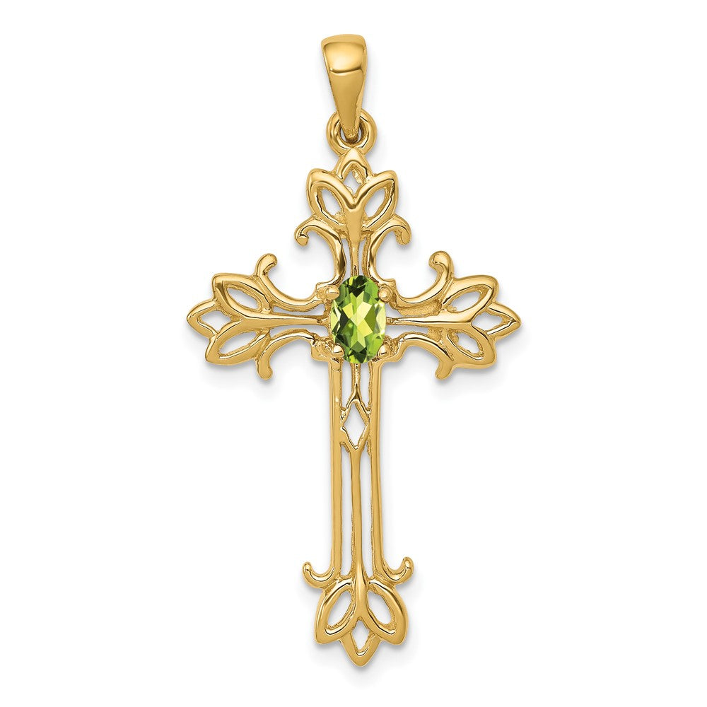 14K 585 Gelbgold Kreuz-Anhänger mit 5x3 mm ovalem Peridot