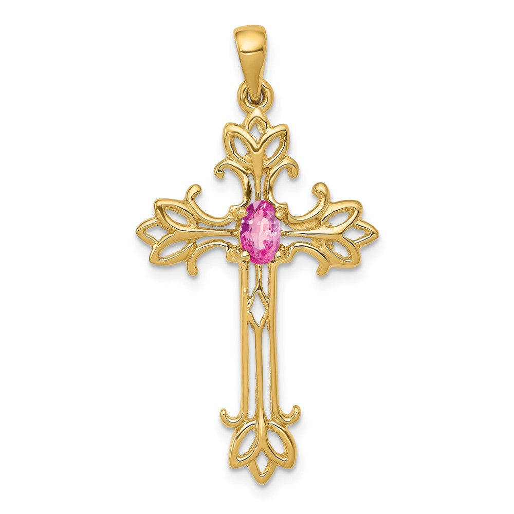 14K 5x3 mm Oval Rosa-Saphir-Kreuz-Anhänger