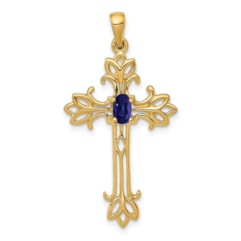 14K 5x3 mm Ovaler Saphir Kreuzanhänger