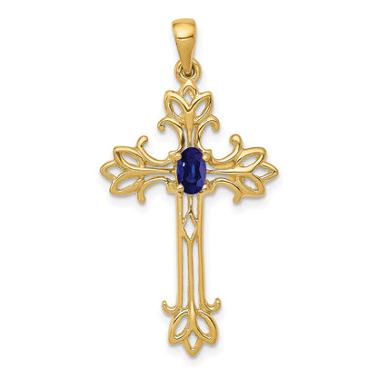 14K 5x3 mm Ovaler Saphir Kreuzanhänger