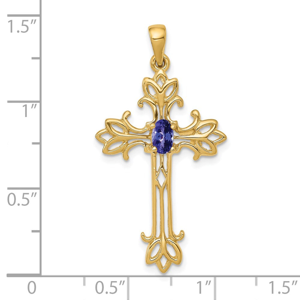 14K Gelbgold Kreuz-Anhänger mit 5x3 mm ovalem Tansanit