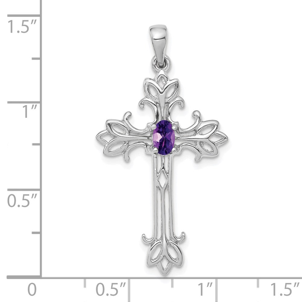 14K Weißgold Kreuzanhänger mit 5x3mm ovalem Amethyst