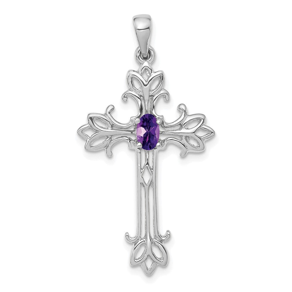 14K Weißgold Kreuzanhänger mit 5x3mm ovalem Amethyst