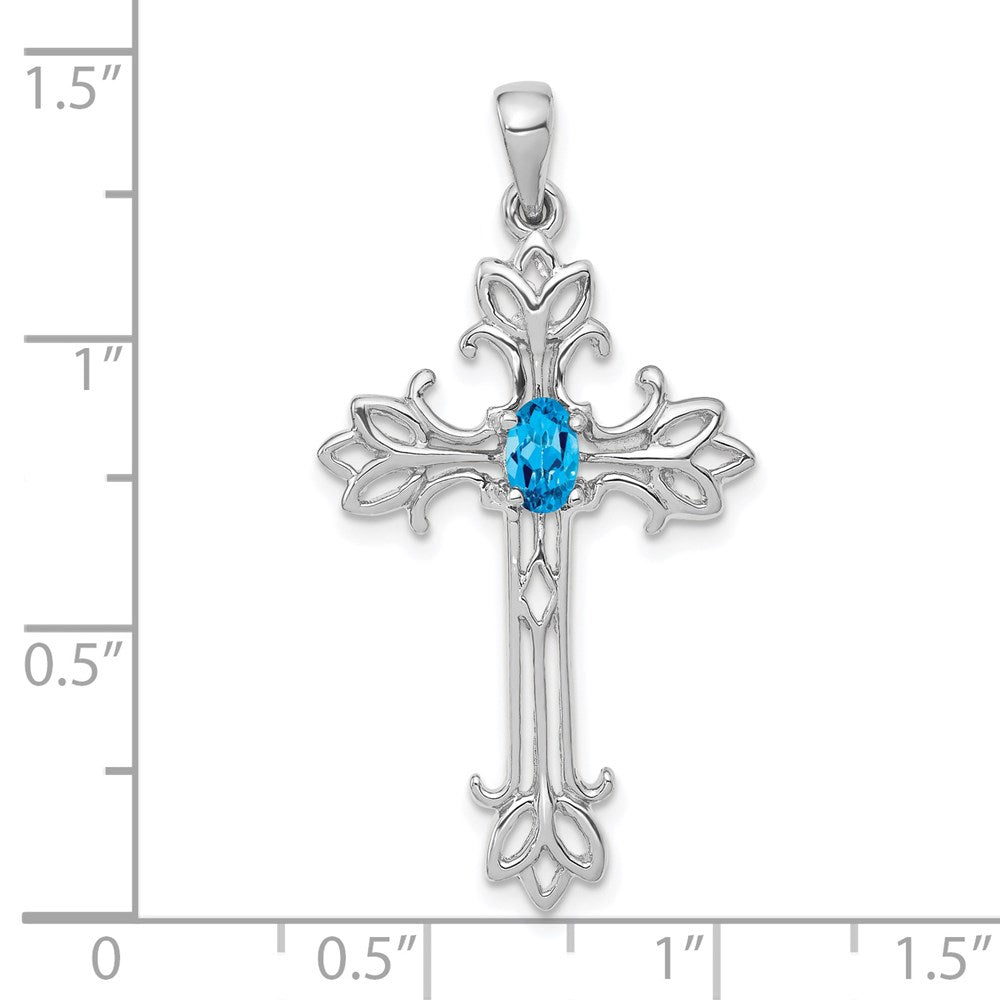 14K Weißgold Anhänger mit ovalem blauem Topas (5x3mm) und Kreuz-Motiv