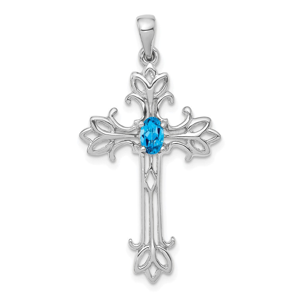 14K Weißgold Anhänger mit ovalem blauem Topas (5x3mm) und Kreuz-Motiv