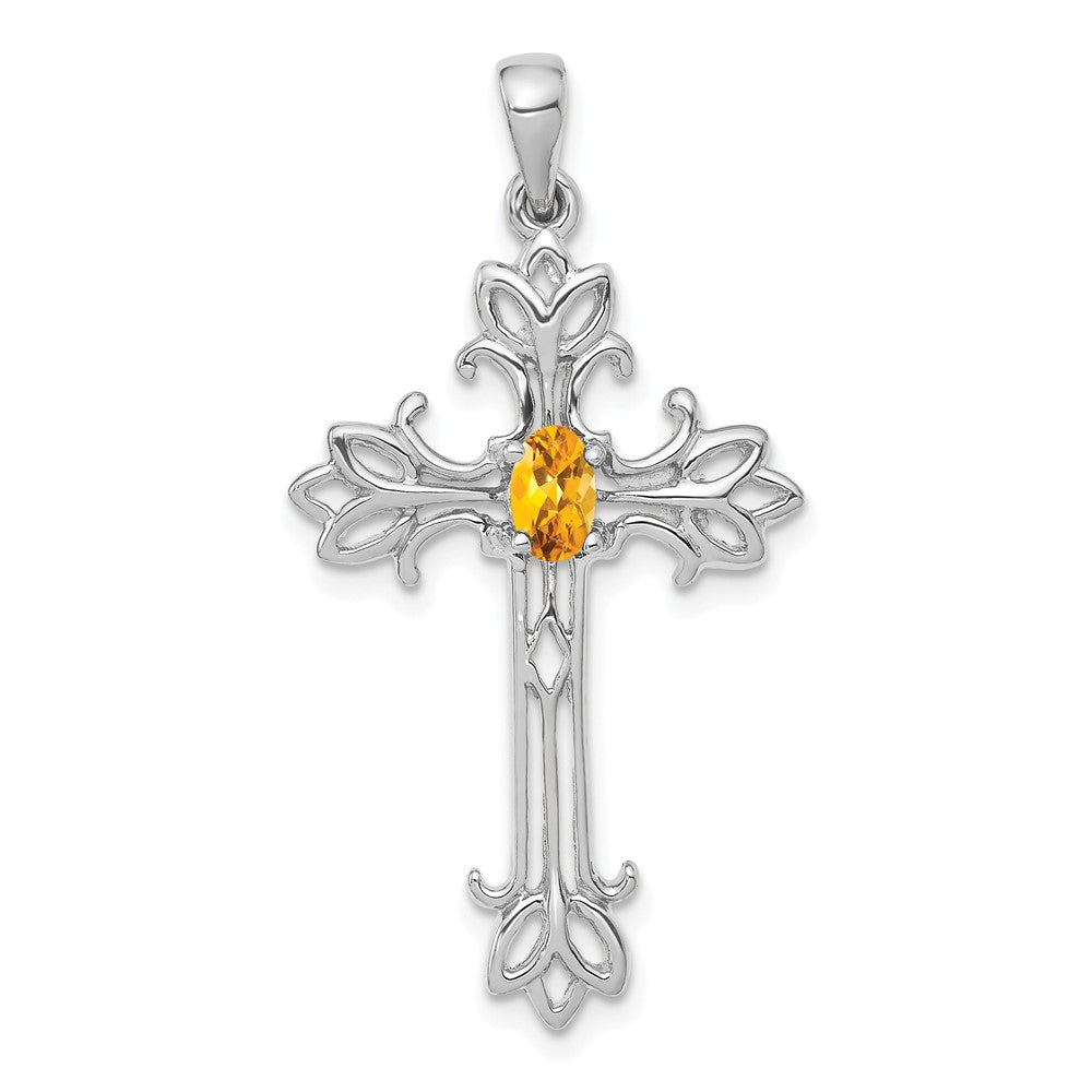 14K Weißgold Citrin oval 5x3mm Kreuz-Anhänger