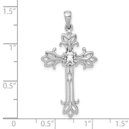 14 K Weißgold Kreuz-Anhänger mit 5x3mm ovalem Zirkonia