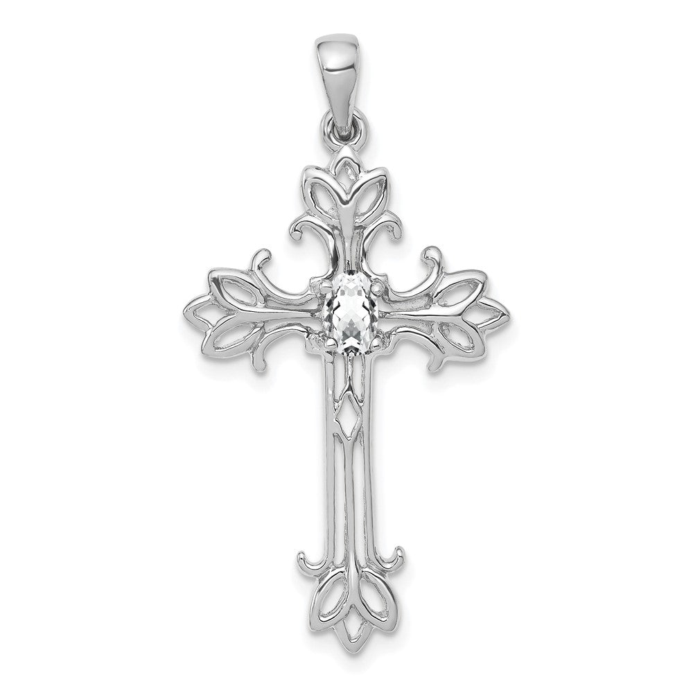 14 K Weißgold Kreuz-Anhänger mit 5x3mm ovalem Zirkonia
