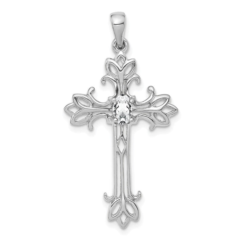 14 K Weißgold Kreuz-Anhänger mit 5x3mm ovalem Zirkonia