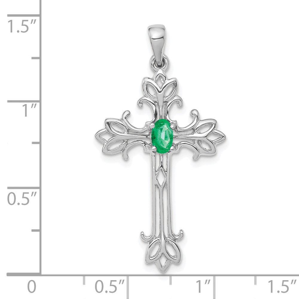 14K Weißgold Kreuzanhänger mit ovalem Smaragd 5x3mm
