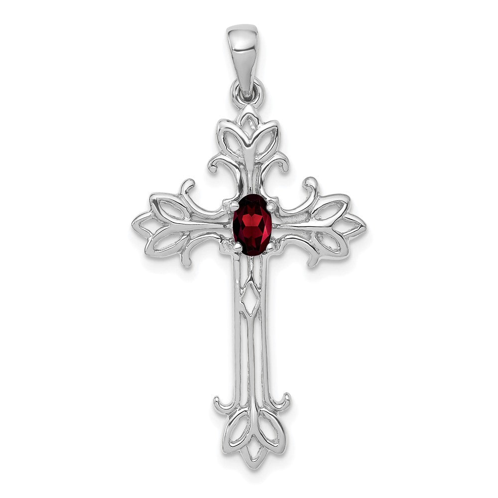 14K Weißgold Anhänger mit ovalem Granat (5x3mm) in Kreuzform