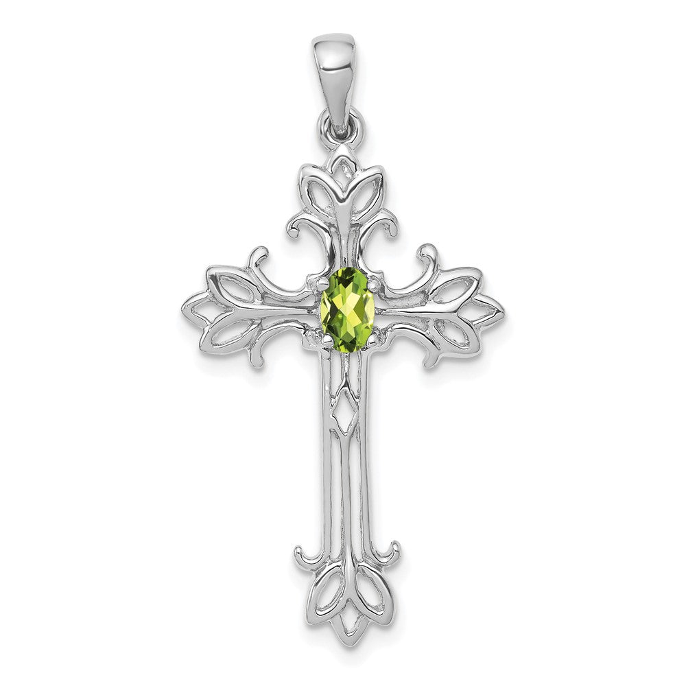 14K Weißgold Kreuz-Anhänger mit ovalem Peridot 5x3 mm