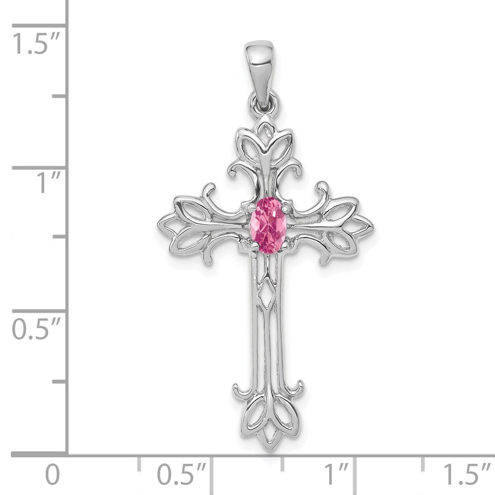14K Weißgold Kreuzanhänger mit 5x3mm ovalem rosa Turmalin