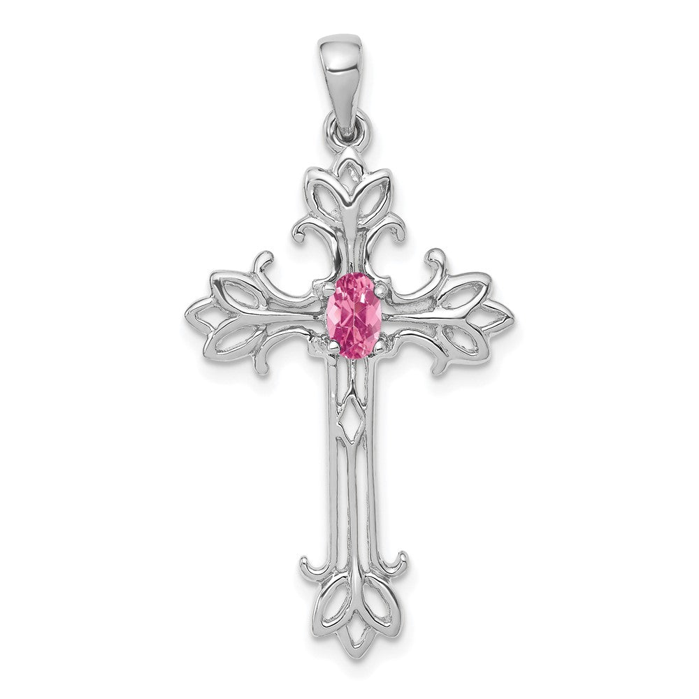 14K Weißgold Kreuzanhänger mit 5x3mm ovalem rosa Turmalin