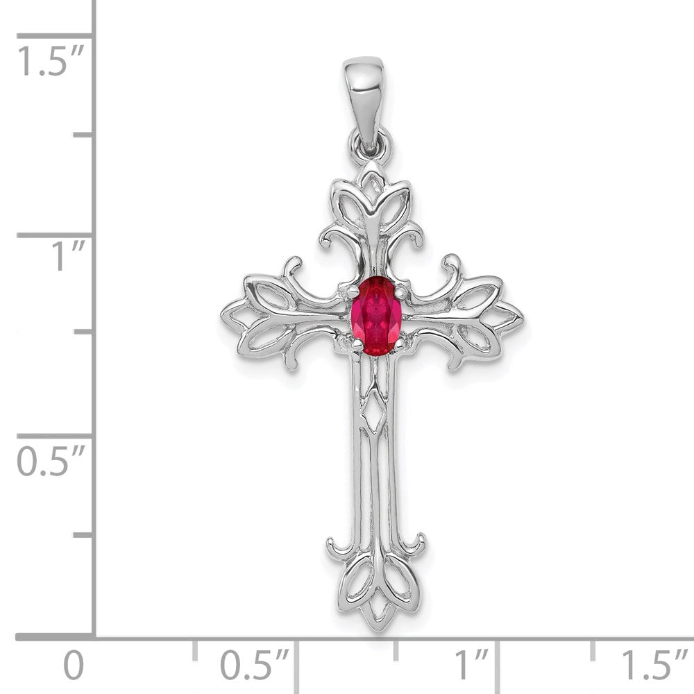 14K Weißgold Anhänger mit ovalem Rubin, 5x3mm, Kreuz-Design
