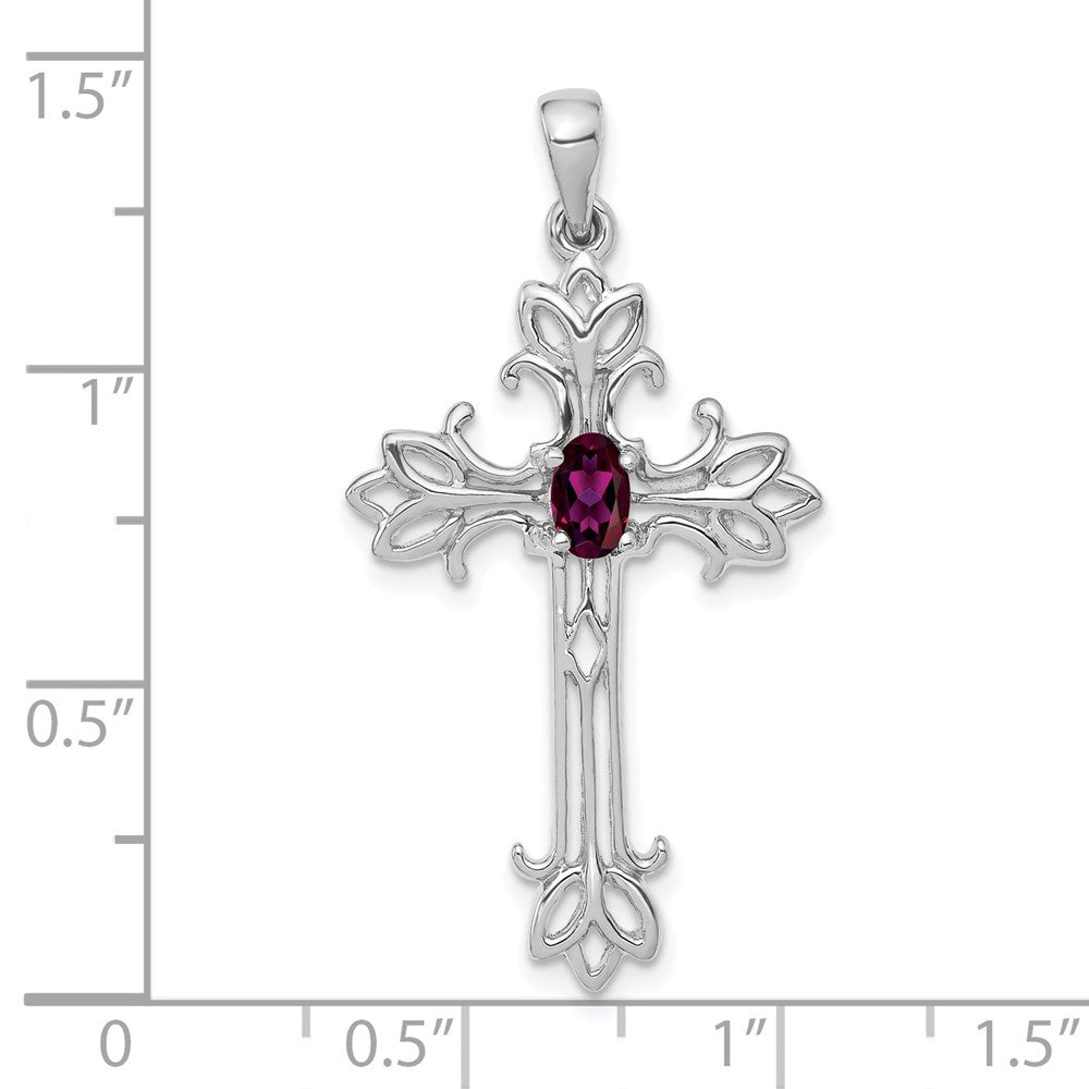 14k Weißgold Anhänger mit Kreuz und ovalem Rhodolith-Granat, 5x3 mm