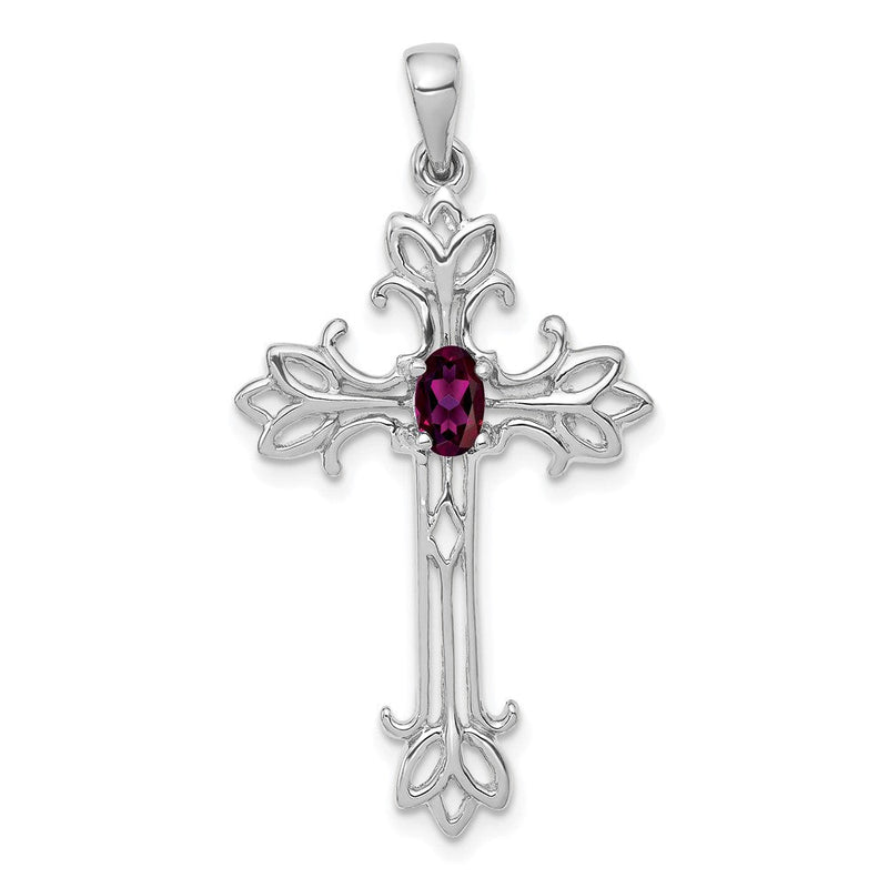 14k Weißgold Anhänger mit Kreuz und ovalem Rhodolith-Granat, 5x3 mm