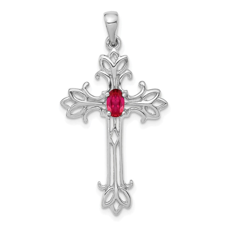 14K Weißgold Anhänger mit ovalem Rubin, 5x3mm, Kreuz-Design