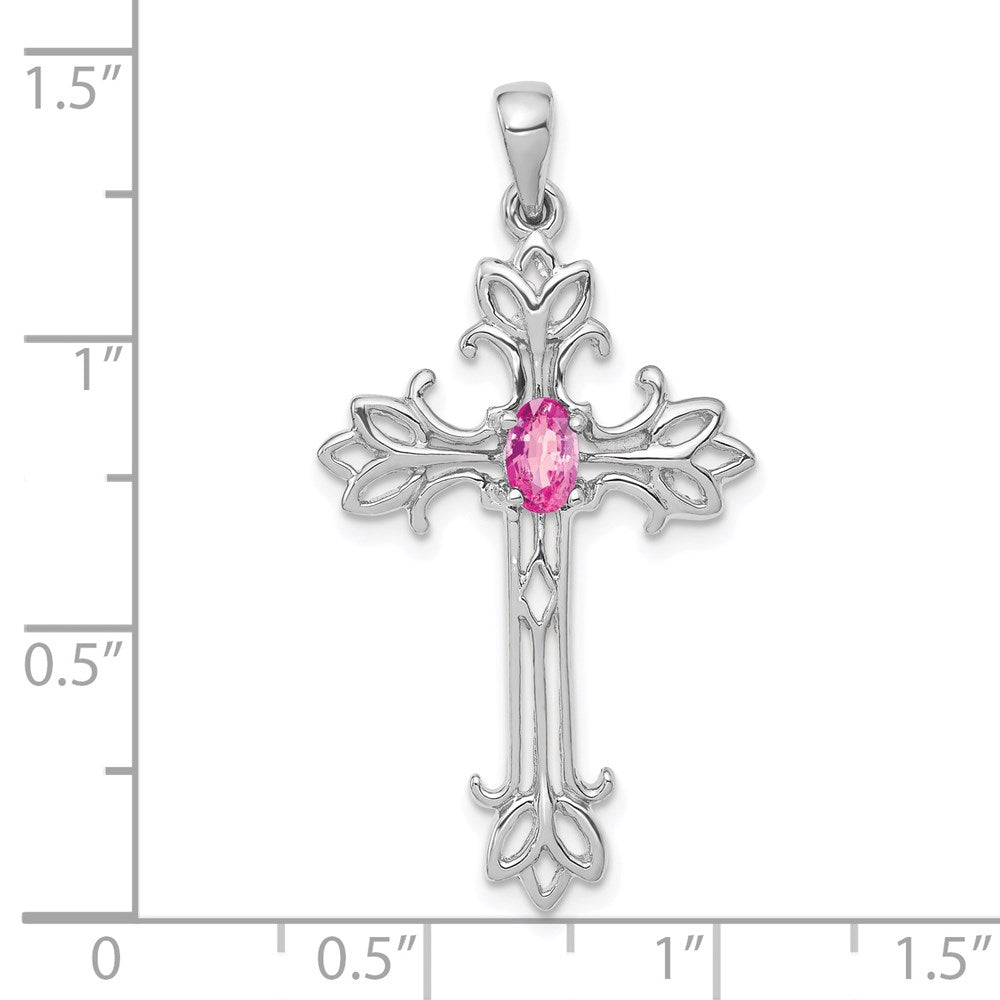14 Karat Weißgold Anhänger mit oval geschliffenem 5x3 mm Pink-Saphir und Kreuz