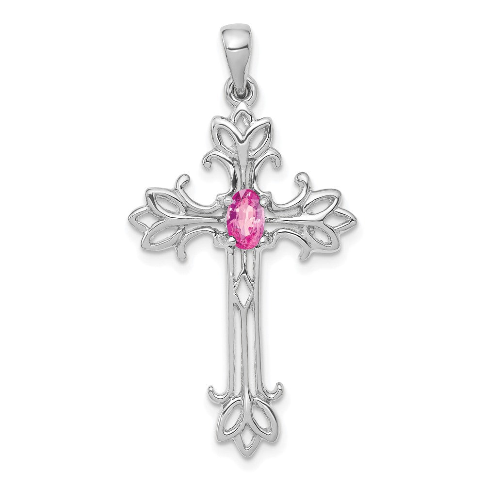 14 Karat Weißgold Anhänger mit oval geschliffenem 5x3 mm Pink-Saphir und Kreuz