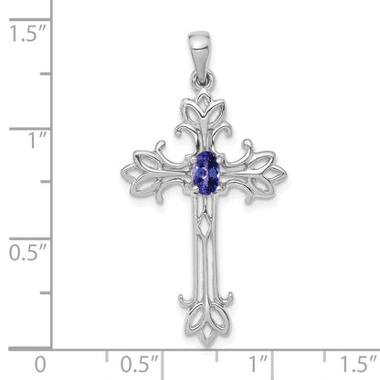 14K Weißgold Kreuzanhänger mit ovalem Tansanit 5x3mm