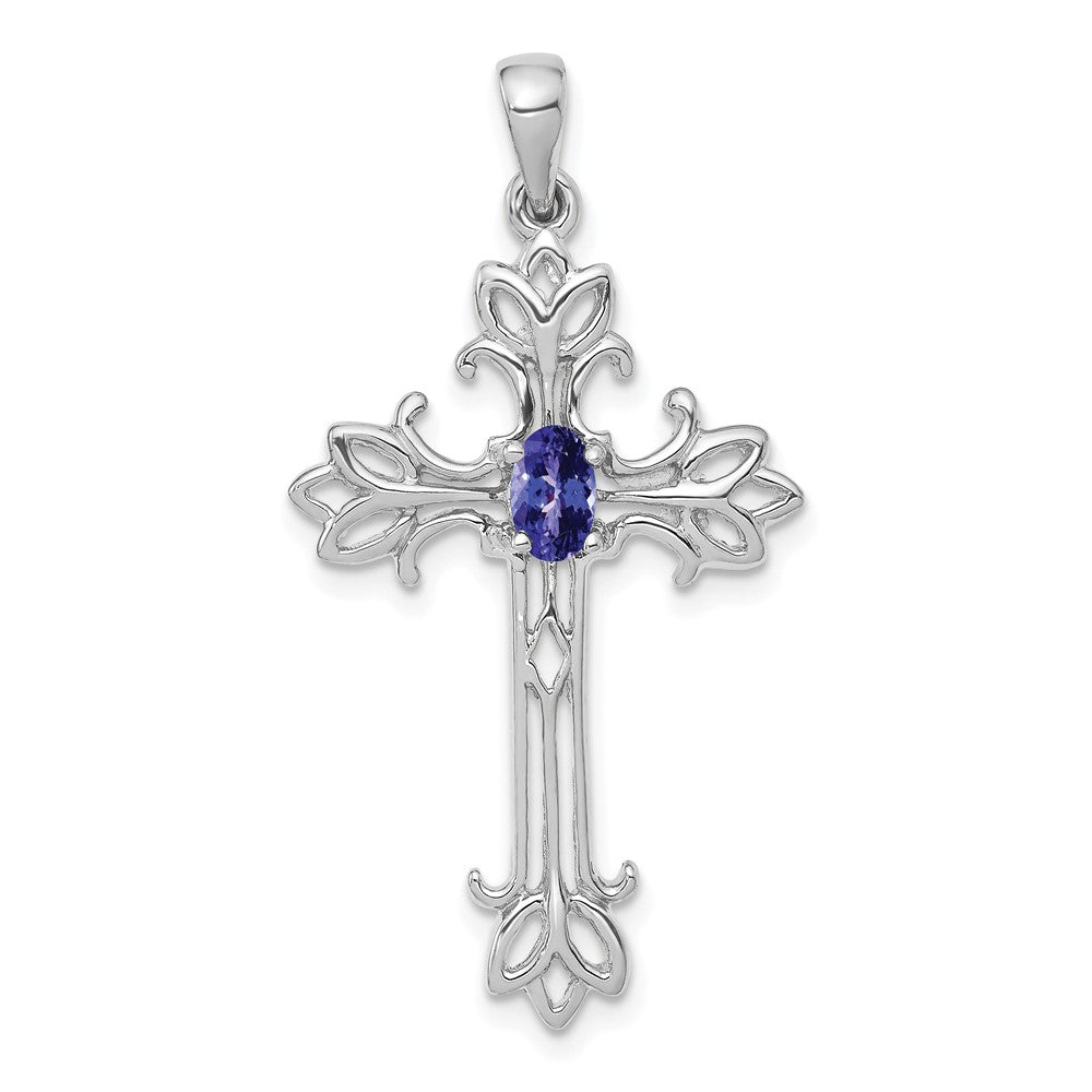 14K Weißgold Kreuzanhänger mit ovalem Tansanit 5x3mm
