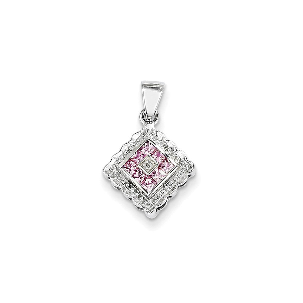 14K Weißgold Anhänger mit echtem Diamant und rosa Saphir