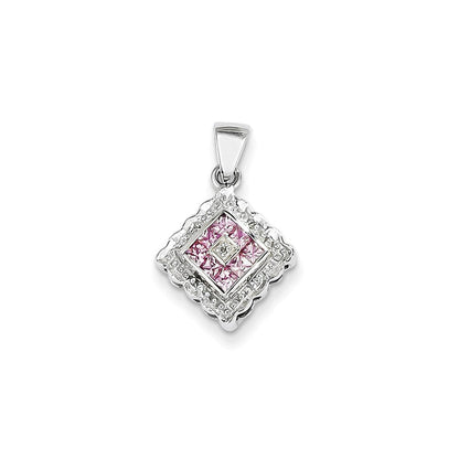 14K Weißgold Anhänger mit echtem Diamant und rosa Saphir