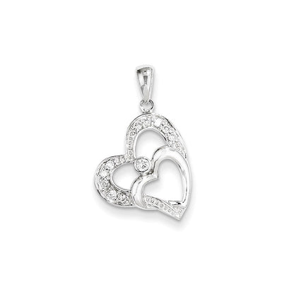 14K Weißgold Anhänger mit zwei Herzen und echten Diamanten