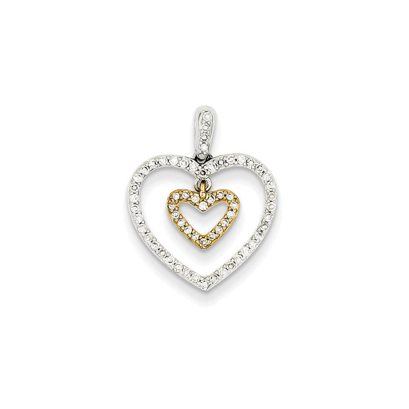 14K Gelbgold Zweifarbiger Echter Diamant Herz-in-Herz-Anhänger
