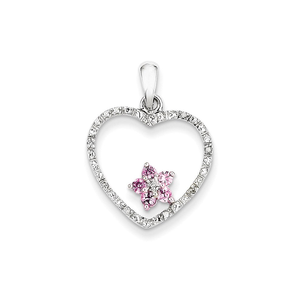 14K Weißgold Herzanhänger mit echtem Diamant und rosa Saphir