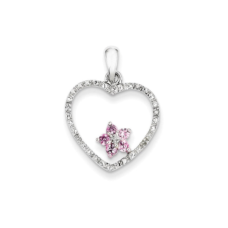 14K Weißgold Herzanhänger mit echtem Diamant und rosa Saphir