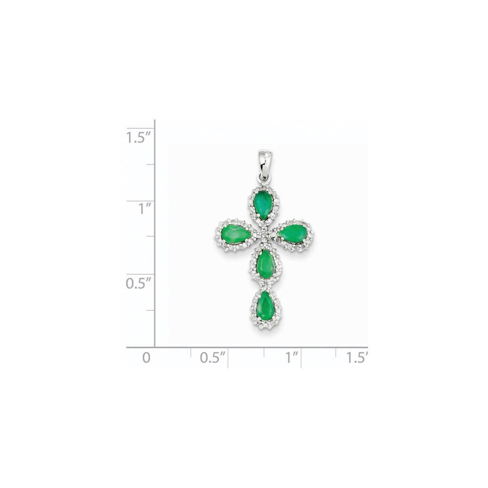 14K Weißgold Kreuzanhänger mit echtem Diamant und Smaragd