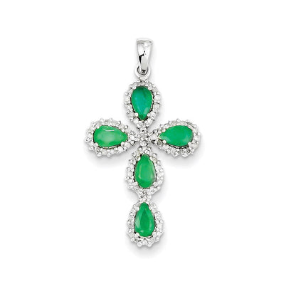 14K Weißgold Kreuzanhänger mit echtem Diamant und Smaragd