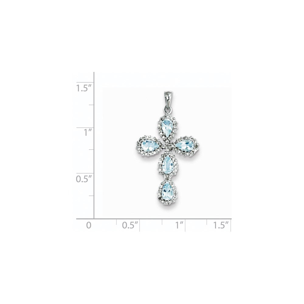 14 Karat Weißgold Kreuzanhänger mit echtem Diamant und Aquamarin