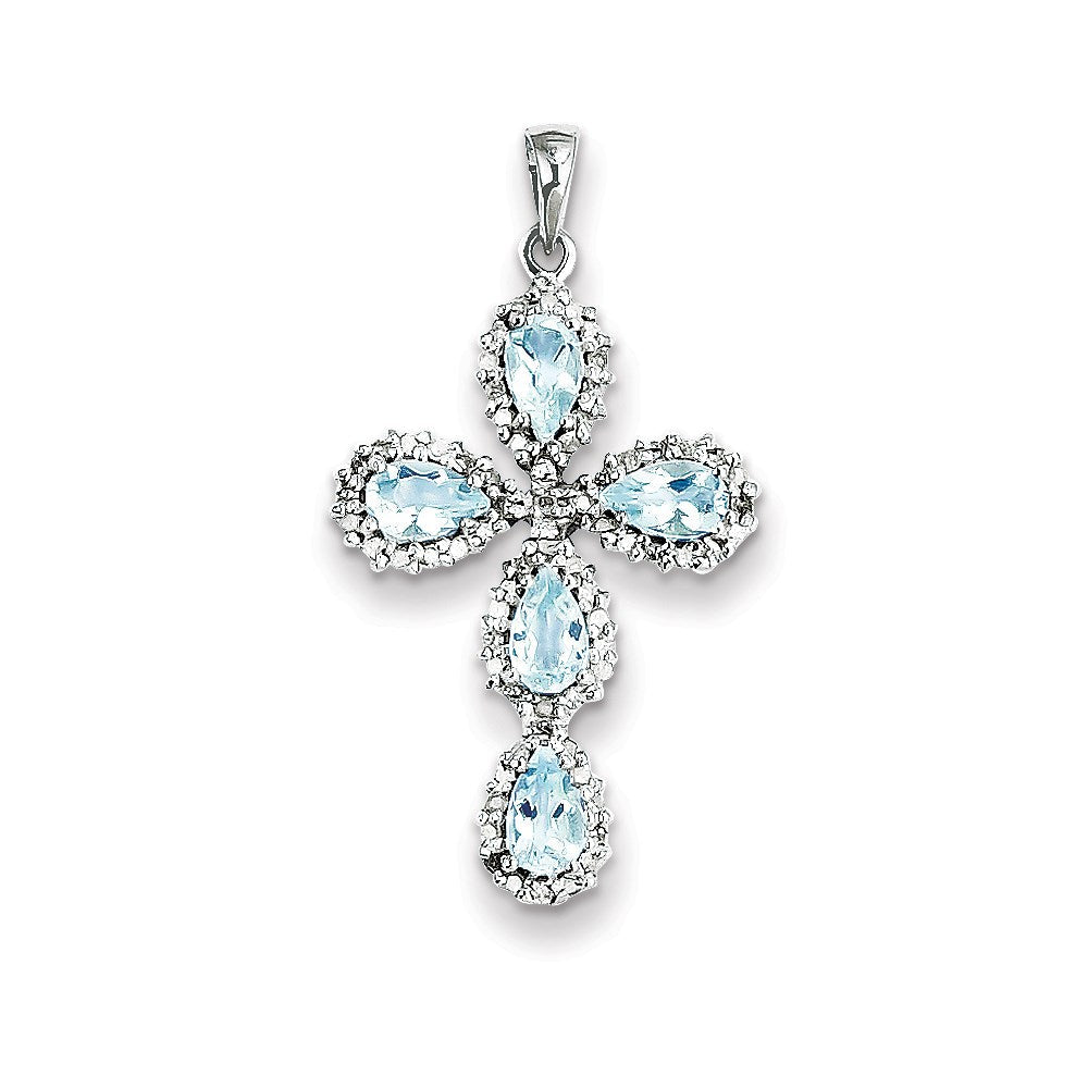 14 Karat Weißgold Kreuzanhänger mit echtem Diamant und Aquamarin