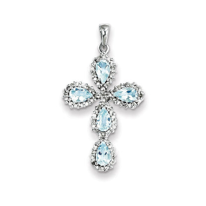 14 Karat Weißgold Kreuzanhänger mit echtem Diamant und Aquamarin