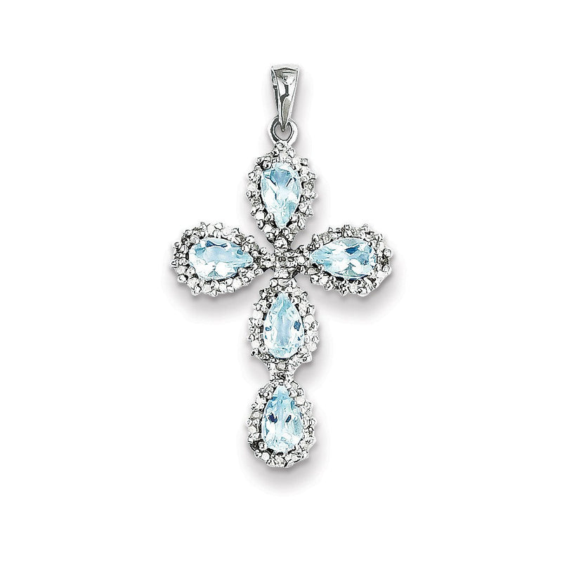 14 Karat Weißgold Kreuzanhänger mit echtem Diamant und Aquamarin