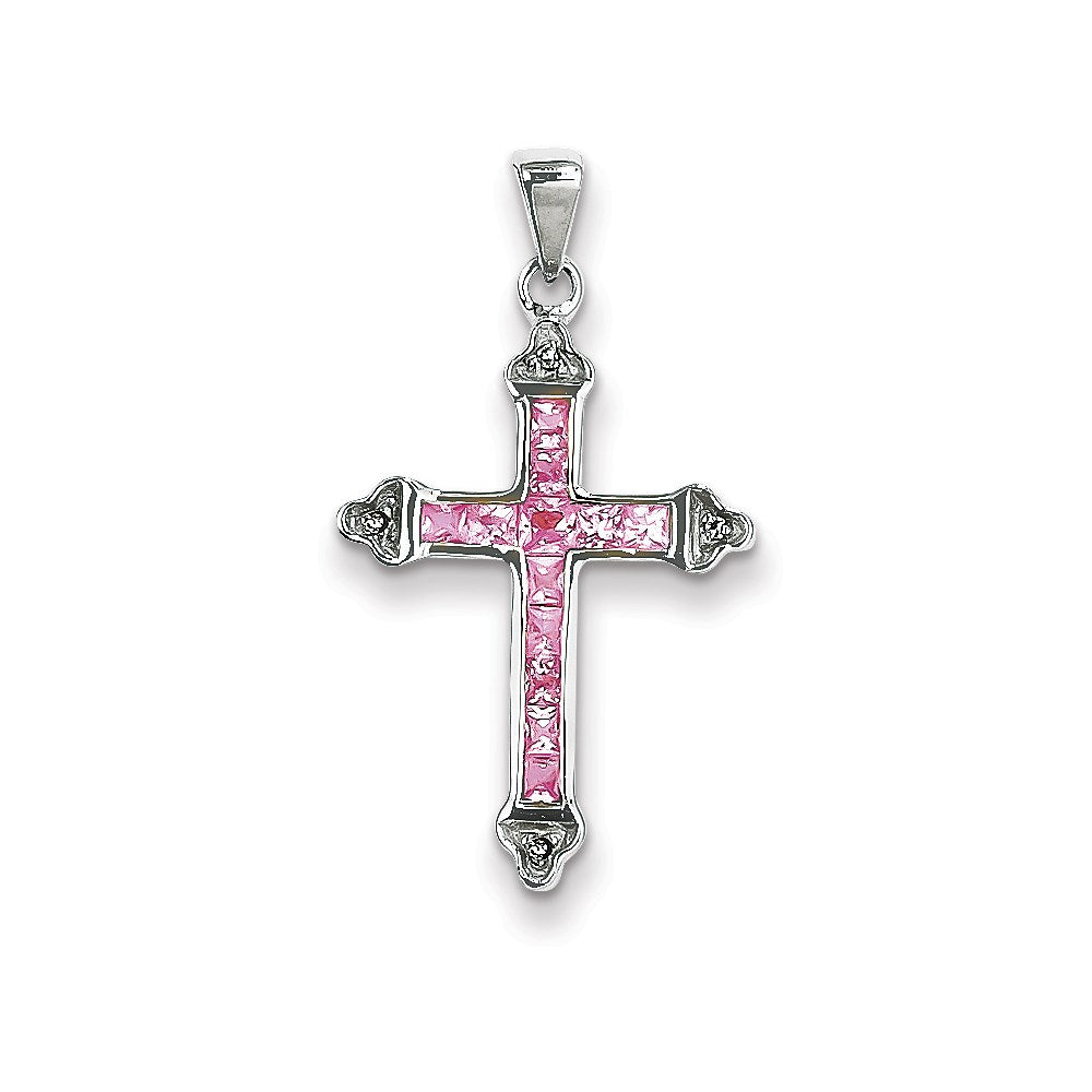 14K Weißgold Kreuzanhänger mit Diamanten und rosa Saphiren