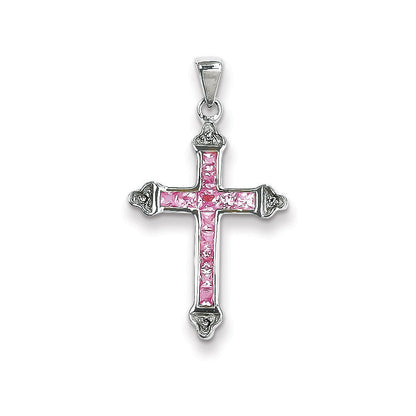 14K Weißgold Kreuzanhänger mit Diamanten und rosa Saphiren