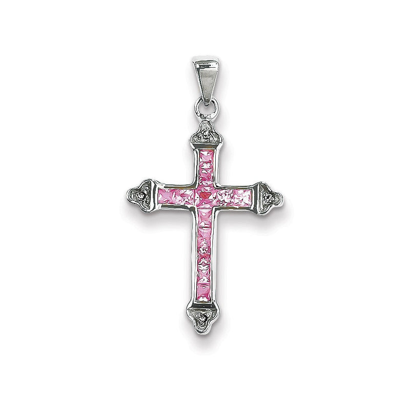14K Weißgold Kreuzanhänger mit Diamanten und rosa Saphiren