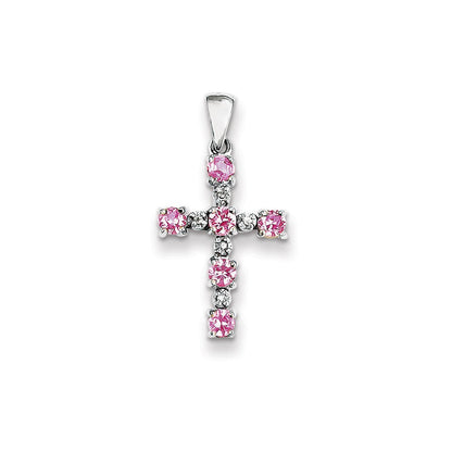 14K Weißgold Echt Diamant & Rosa Saphir Kreuz