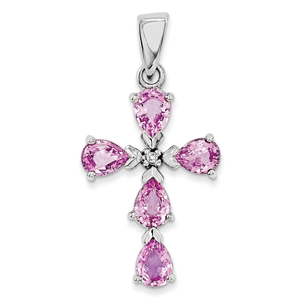 14K Weißgold Echt Diamant & Rosa Saphir Kreuz