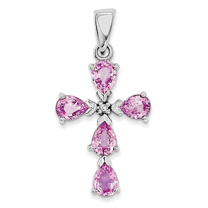 14K Weißgold Echt Diamant & Rosa Saphir Kreuz