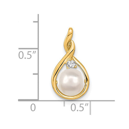 14K Gelbgold 7mm Weiß Rund Süßwasser Zuchtperle Vs Diamant Anhänger